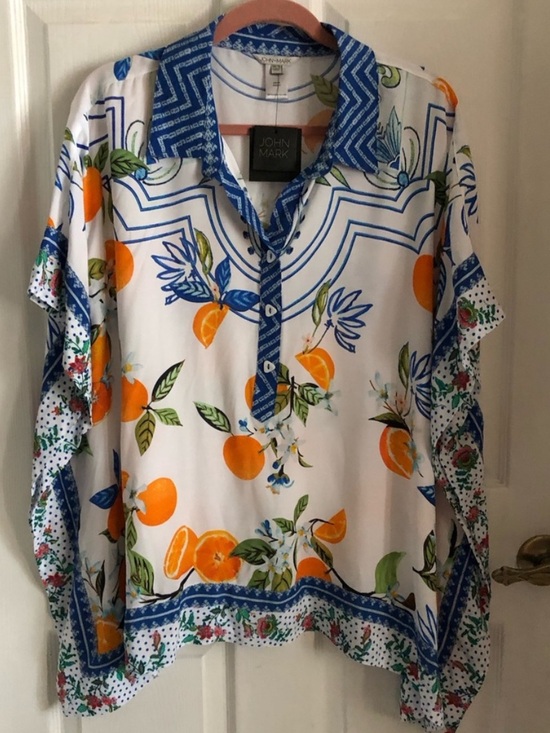 John Mark Tops - John Mark blouse tunic citrus oranges fruit flowy relaxed white base blue collar